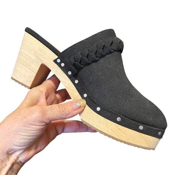 J Crew Black Wooden Clogs Faux Suede With Braided Strap Size 8 - Picture 2 of 10